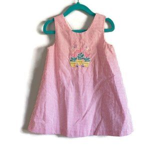 Vintage Fast Friends Girls Pink Gingham Flower Spring Applique Dress Size 4